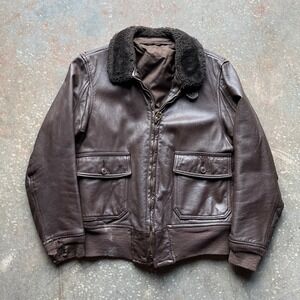 Vintage 50s 60s Mens Brown Leather Bomber Jacket Shearling Collar Aviation Style
